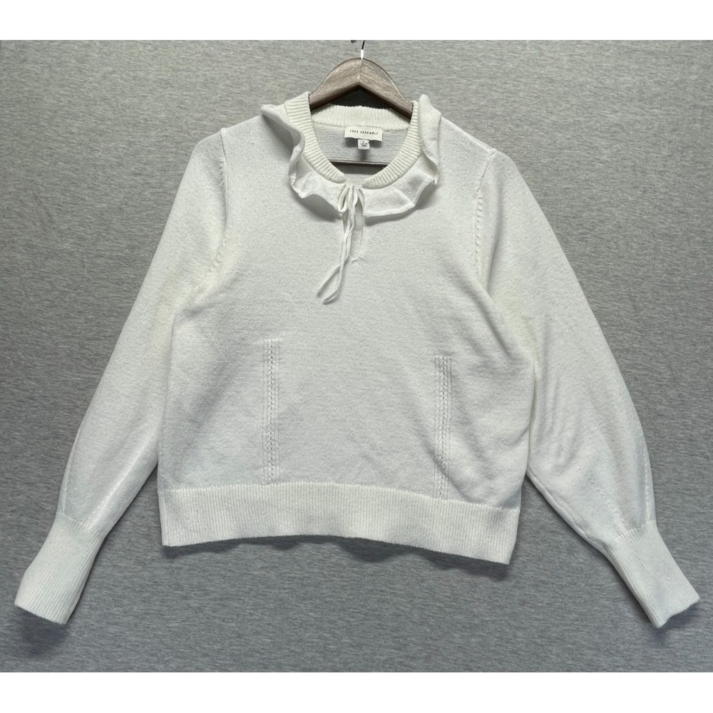Free Assembly Sweater Women Large White Tight Knit Ribbed Ruffle Tie Neck Detail